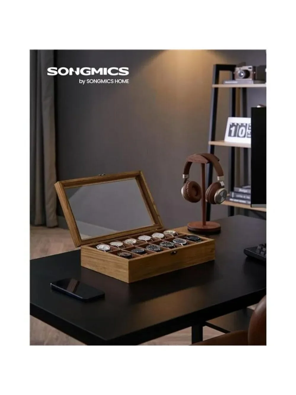 Wood Watch Box Organizer 12 Slot Glass Lid Display Case Rustic Walnut Storage